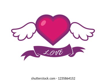 Winged heart with a ribbon vector. Beautiful heart with wings. Heart isolated on a white background. Love uplifting. Valentine icon