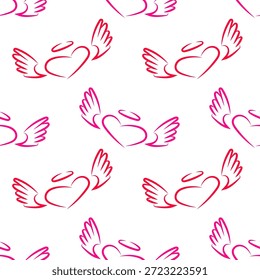 Patrón sin fisuras de corazón alado. Fondo romántico en colores rojo y rosa sobre blanco. Para el día de San Valentín, diseño de boda, textiles y marca, envoltura de regalo.