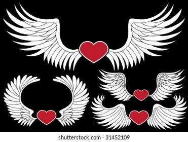 Winged Heart Set : Group of red hearts with white angel wings on a black background.
