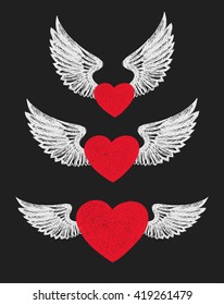 Winged Heart. Set of three red hearts with white wings.