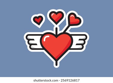 Winged Heart Sticker vectors, A charming illustration of a winged heart with three arrows, symbolizing the feeling of romantic love. Perfect for Valentine's Day.