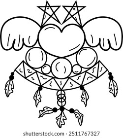 winged heart, two stars, dream catcher, beads, circles, pyrrea