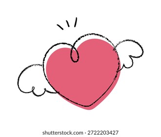 Winged heart vector illustration with cute doodle outline and pastel pink color. Hand drawn romantic design for greeting cards, stickers and icons.