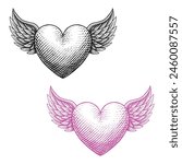 Winged Heart Vintage Illustration in Engraving Style