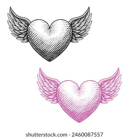 Winged Heart Vintage Illustration in Engraving Style