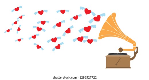 winged hearts and gramophone concept. blank text area. vector illustration.