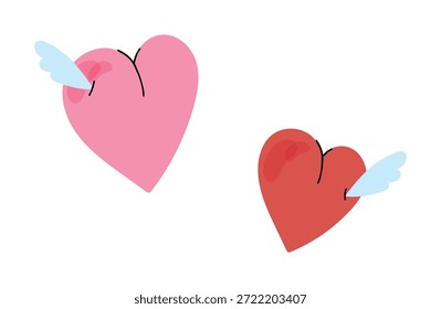 Winged hearts vector illustration with pink and red colors and cute doodle lines. Hand drawn romantic design for greeting cards, stickers and posters.