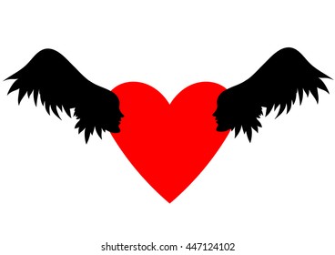 Winged hearts. Hearts with wings, sky with clouds. Valentines Day vector illustration. Wings with human faces in profile.