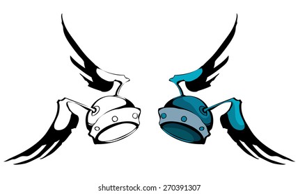 Winged Helmet, Colored and Outline Version, Vector Illustration isolated on White Background. 