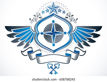 Winged heraldic Coat of Arms, vintage vector emblem created using ancient keys and pentagonal stars