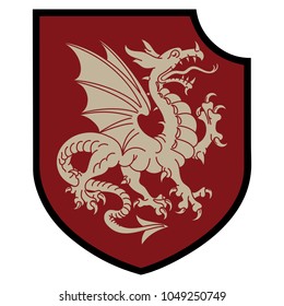 Winged heraldic dragon and heraldic shield, isolated on white, vector illustration