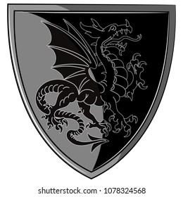 Winged heraldic dragon and heraldic shield, isolated on white, vector illustration
