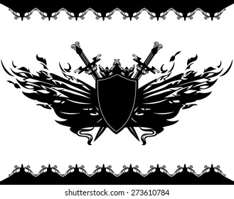 winged heraldic shield with crown and swords  - black and white vector design