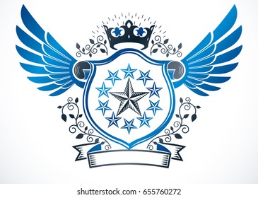 Winged heraldic sign made with vector vintage elements like monarch crown and pentagonal stars. Protection shield with cartouche