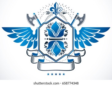 Winged heraldic sign made with vector elements, heraldry insignia decorated using lily flower and ancient hatchets