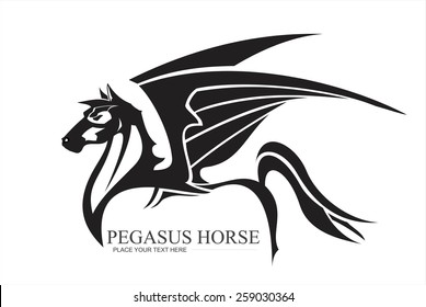 winged horse in black and white. pegasus in black and white. horse with the tribal style. side view winged horse combine with text. artistic winged horse. artistic pegasus. 