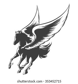 Winged horse Pegasus. Illustration in engraving style.