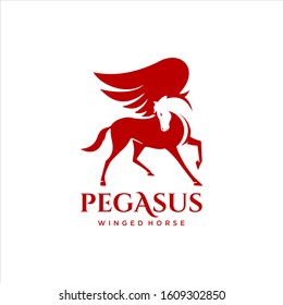 winged horse Pegasus simple vector illustration, flat red mascot logo design template. Greek heraldic mythology creature print art inspiration