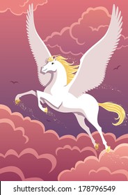 The winged horse Pegasus soaring in the sky. No transparency used. Basic (linear) gradients. 