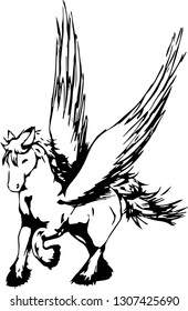 Winged Horse Running. Black and White.
