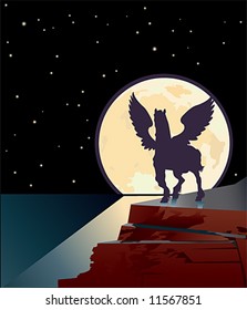 Winged horse silhouetted against the moon