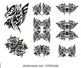 Winged horse-eagle symbols in tribal style. Abstract symbol in the form of the head of an eagle and the head of a horse. Double imaginary animal symbols in black and white options