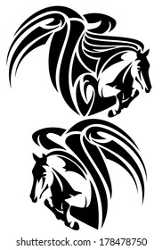 winged horses emblem - black and white tribal style pegasus outlines