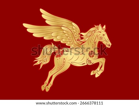 Winged horses jump and fly with a unique floral pattern gold isolated on red background for card design print media. Traditional chinese zodiac sign. Lunar calendar animal Year of the horse. Vector.