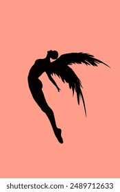 winged human silhouette on orange background 