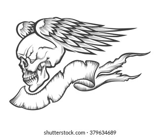 Winged human skull with banner drawn in engraving style. Isolated on white.