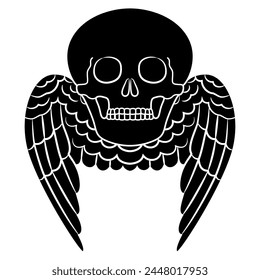 Winged human skull. Dead skeleton head with bird or angel wings. Fantastic design. Flying death. Black and white silhouette.