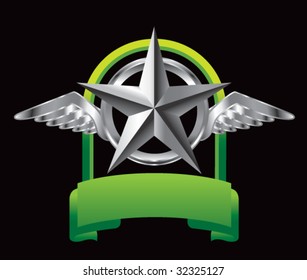 winged icon featuring silver on green display