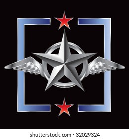 winged icon featuring silver star on star background