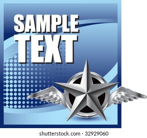 winged icon featuring silver star on blue halftone banner