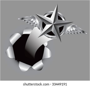 winged icon featuring silver star coming out of paper hole