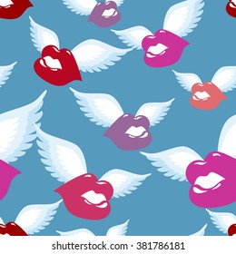 Winged Kiss seamless pattern. Kiss with wings background. Fabric ornament. Romantic texture of succulent kisses lips 