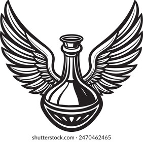 winged lab bottle, engraving art style, vector graphic, white background, ultrafine clean vector, sharp, crisp lineart, ultra clear, isolated white background.