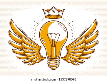 Winged light bulb creative idea concept, vector logo or icon or emblem trendy linear style.
