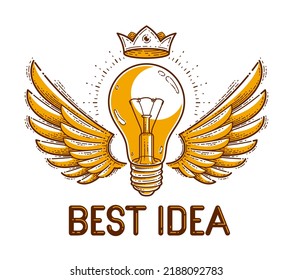 Winged light bulb creative idea concept, vector logo or icon or emblem trendy linear style.