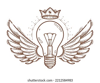 Winged light bulb creative idea concept, vector logo or icon or emblem trendy linear style.