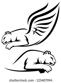 winged lion and cougar vector outline - black over white