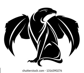 winged lion with eagle head - mythical griffin creature black and white vector design