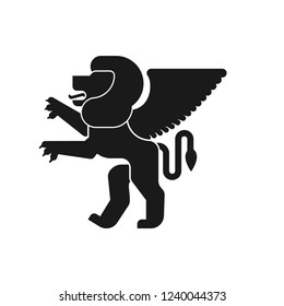 Winged lion Heraldic animal silhouette. Leo with wings. Fantastic Beast. Monster for coat of arms. Heraldry design element.