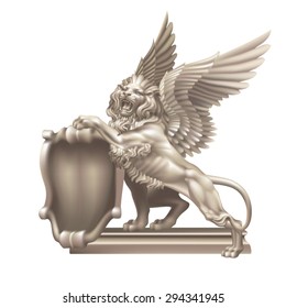 Winged lion with heraldic shield on a white background