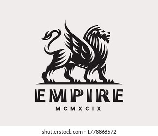 Winged lion modern logo. King heraldic emblem design editable for your business. Vector illustration.