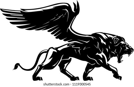 Winged Lion Mythical Creature, Shadowed Illustration