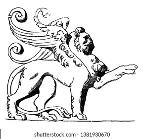 Winged Lion is shown on the tomb of Loys de Bresze in the Rouen Cathedral, vintage line drawing or engraving illustration.