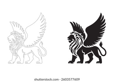 Winged Lion Silhouette. Fully editable Flat and Outline. 