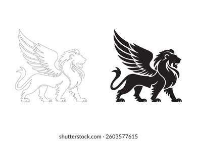 Winged Lion Silhouette. Fully editable Flat and Outline. 