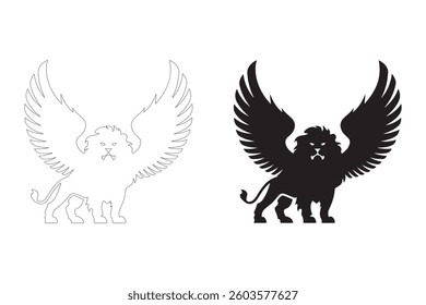 Winged Lion Silhouette. Fully editable Flat and Outline. 